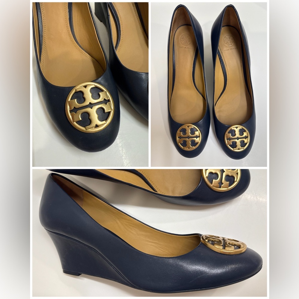 Tory Burch Chelsea 65 Wedge Pumps Navy Leather Gold Logo Size 9.5